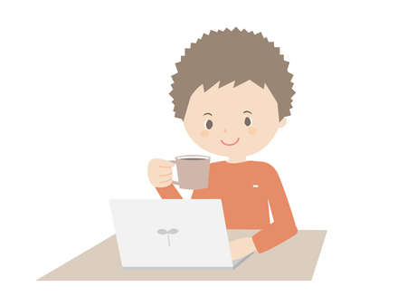 Illustration of a young man drinking coffee while looking at a laptop.のイラスト素材