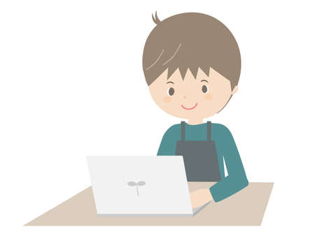 Illustration of a young man wearing an apron looking at a laptop.のイラスト素材