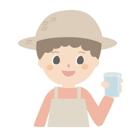 A cute illustration of a farmer man holding a glass of water.のイラスト素材