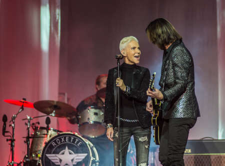 Marie Fredriksson and Per Gessle sing and play - concert Roxette in Khabarovsk, Russia, October 30, 2014のeditorial素材