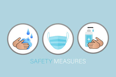 Safety measures for medical design. Coronavirus mask, sanitizer illustrationのイラスト素材