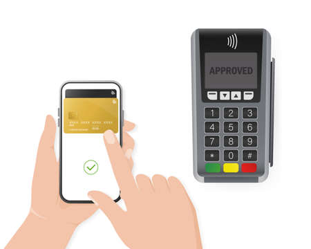 Hand with smartphone. Abstract online payment for mobile device design. Online transactionのイラスト素材