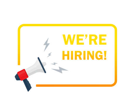 We're hiring. flat illustration with megaphone on white backgroundのイラスト素材
