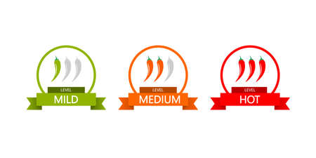 Set of hot red pepper strength scale. Indicator with mild, medium and hot icon positions on white background. Spicy vegetablesのイラスト素材