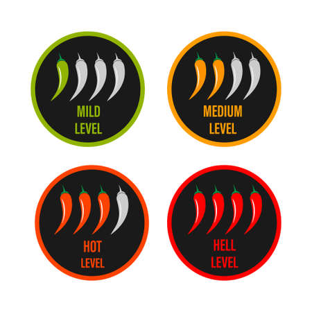 Set of hot red pepper strength scale. Indicator with mild, medium and hot icon positions on white background. Spicy vegetablesのイラスト素材