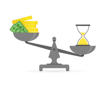 Concept of time and money. Time is more valuable than money. Time is money on scales icon on a white background in flat style. Vector illustrationのイラスト素材