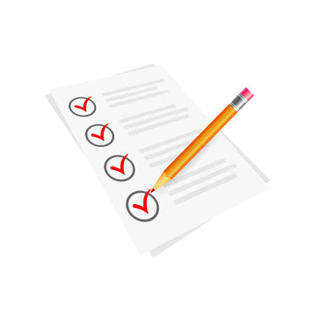 red check mark symbol and icon on checklist with pencil for approved design.のイラスト素材