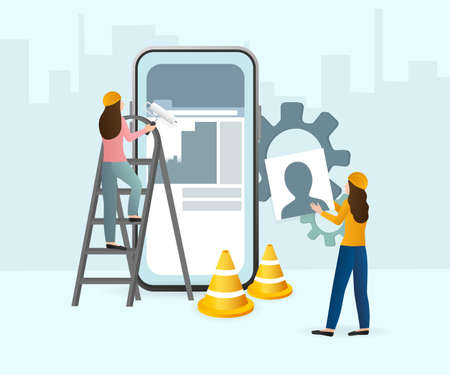 Flat under construction with people for web site design. Minimal design. Technology concept. Flat business templateのイラスト素材