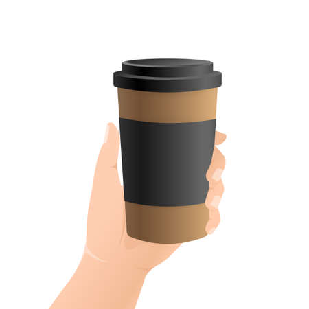 Flat icon with coffee cup with hand. Flat illustration. Coffee to go. Vector illustrationのイラスト素材