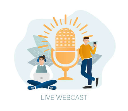Live webcast in flat style with people. Listen to podcast. Flat illustration. Vector illustrationのイラスト素材