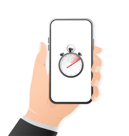 Cartoon icon with timer and smartphone with hand on white background. Business design. Vector illustrationのイラスト素材