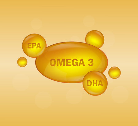 Golden omega 3 on white background. Vector design. Logo design. Logo fish. Isolated vector sign symbol.のイラスト素材