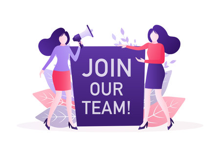 Join our team people, great design for any purposes. Flat join our team people for flyer design. Girl with megaphone. Vector illustration.のイラスト素材
