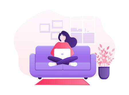 Flat work from home for concept design. Stay home. Work from home, great design for any purposes. Vector illustration.のイラスト素材