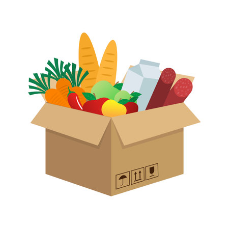 Food in box in cartoon style on white background. Food delivery. Vector flat cartoon illustration.のイラスト素材