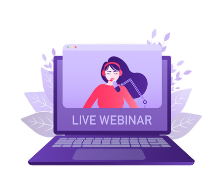 Live webinar laptop people. Laptop, video tutorial. Computer screen. Online school. Video conference illustration. Internet technology. Online education icon.のイラスト素材