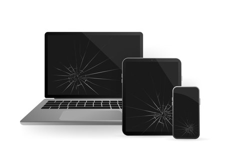 Modern illustration with broken glass laptop for concept design. Support service icon. Smartphone screen. Laptop screen. Isolated object. Internet technology.のイラスト素材