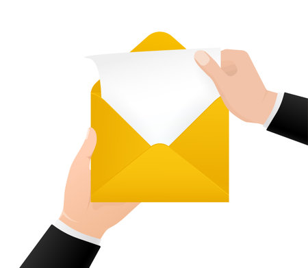 Hand with envelope, great design for any purposes. Abstract template on white backdrop. Isolated vector illustration.のイラスト素材