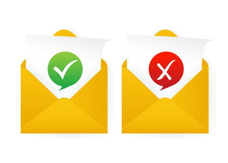 Check mark in envelope. Approved and rejected. Yellow template on white background. Vector illustration.のイラスト素材