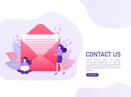 Contact us envelope people. Landing page. Modern advertising for concept design. Online communication. Digital marketing illustration. Customer service.のイラスト素材