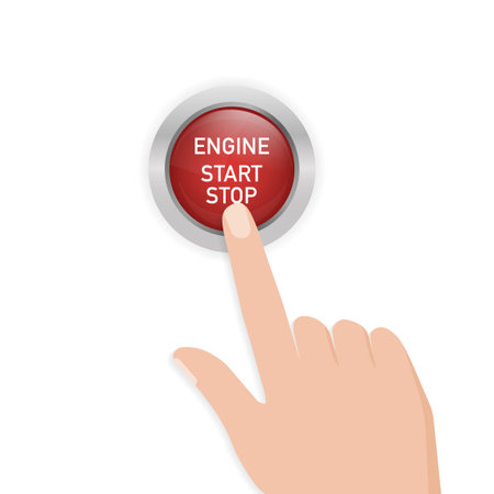 Abstract illustration with red engine start button on white background. Isolated vector icon. Isolated white background. Symbol, sign. Finger touching red button.のイラスト素材