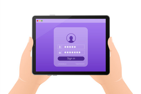Log in tablet hands, great design for any purposes. Vector illustration flat design. Laptop screen. Phone icon vector. Cartoon button with log in tablet hands.のイラスト素材