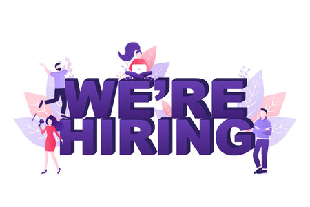 Person shouting in megaphone. We are hiring word. Vector illustration concept for any purposes.のイラスト素材