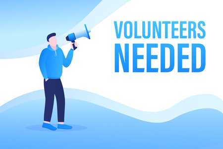 Template with blue volunteers needed man holding megaphone on white background for flyer design. Vector illustration in flat style.のイラスト素材
