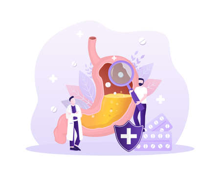 Stomach organ. Flat cartoon vector illustration. Health care concept. Isolated vector icon. Human organs with cartoon characters.のイラスト素材