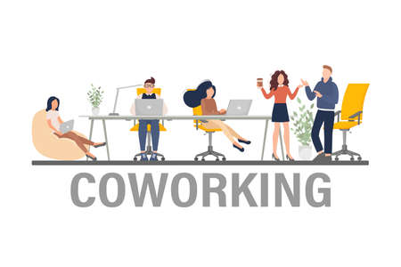 Coworking space illustration. Business people teamwork. Vector flat design. Business people office work. Remote work.のイラスト素材