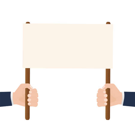 Hands with empty placard. Flat character. Vector flat design. Poster banner design. Female hand. Game sign.のイラスト素材