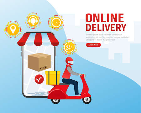 Flat infographic with red online delivery for mobile app design. Food delivery service.のイラスト素材