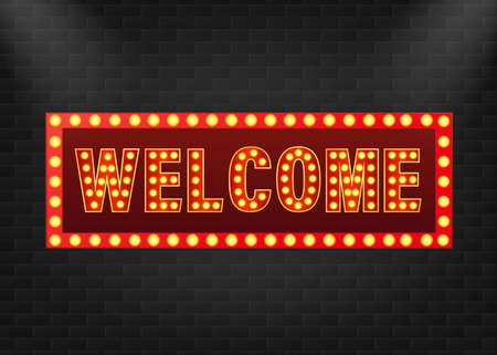 Retro banner welcome on purple backdrop. Light effect. Bright star. Vector design banner. Game sign.のイラスト素材