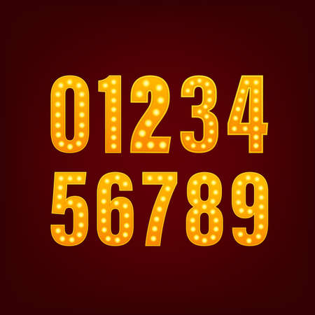 Number light on dark background. Golden metal number. Blue background. Festive vector illustration.のイラスト素材