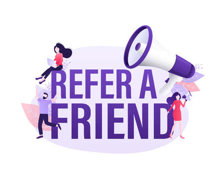 Flat icon with megaphone people refer friend. Poster, banner. Flat isometric vector illustration. 3d vector illustration.のイラスト素材