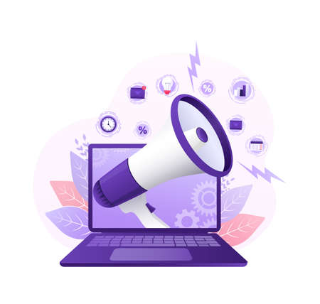 Cartoon megaphone laptop cartoon style for web marketing design. Flat character. Online technology concept vector illustration.のイラスト素材