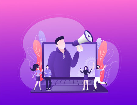 Flat advertising. Social media marketing. Phone icon vector. Flat advertising with people smartphone megaphone.のイラスト素材
