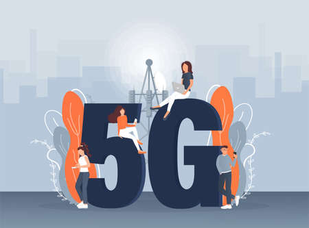 Flat 5g people on light background. Digital communication. Internet technology.のイラスト素材