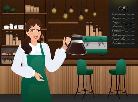 Flat character coffee shop barista. Vector illustration flat design. Vector infographic illustration. Cartoon male barista or waiter standing near menu board.のイラスト素材
