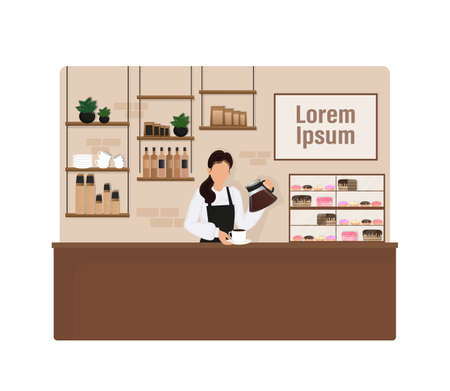 Flat character coffee shop barista. Vector illustration flat design. Vector infographic illustration. Cartoon male barista or waiter standing near menu board.のイラスト素材