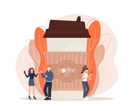 Flat illustration with coffee to go people. Cartoon people illustration. Characters with drink in paper cup. Shop, drink, coffee to go concept.のイラスト素材