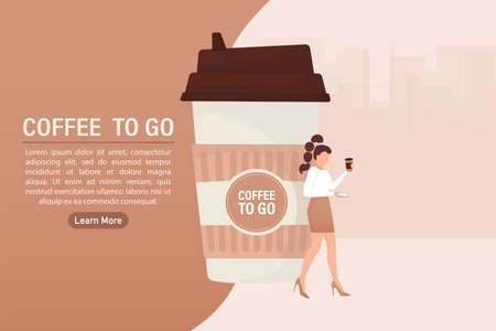 Flat illustration with coffee to go people. Cartoon people illustration. Characters with drink in paper cup. Shop, drink, coffee to go concept.のイラスト素材