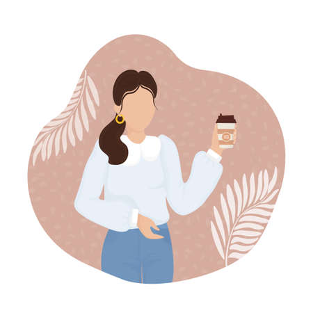 Girl with coffee in sketch style. Vector art illustration. Fashion print. Funny party. Vector art illustration.のイラスト素材