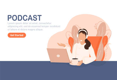 Live webcast in flat style with people. Listen to podcast. Flat illustration. Vector illustration.のイラスト素材