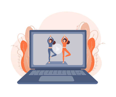 Woman doing yoga fitness exercises on laptop screen. Beautiful woman doing yoga at home from online class yoga. Vector illustration.のイラスト素材