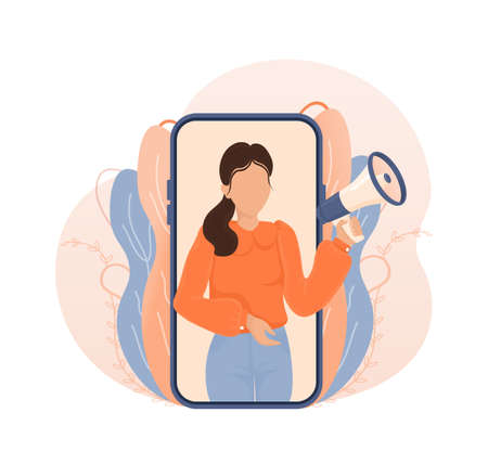 Woman with megaphone in retro style on yellow background. Woman with megaphone, great design for any purposes. Vector illustration.のイラスト素材