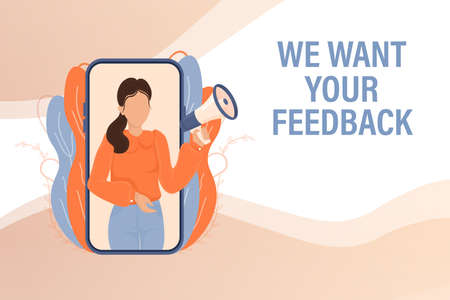 Template with we want your feedback man holding megaphone on red background for flyer design. Vector illustration in flat style.のイラスト素材