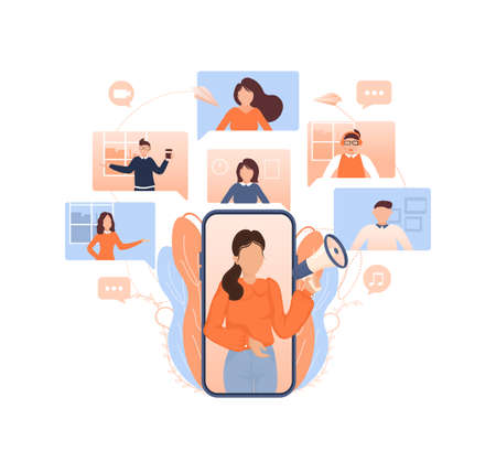 Template with refer a friend man holding megaphone on white background for flyer design. Vector illustration in flat style.のイラスト素材