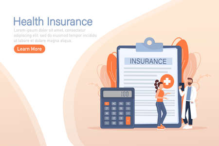 Vector illustration with health insurance concept. Big clipboard with doctor and woman. Healthcare, finance and medical service. Vector illustration in flat style.のイラスト素材