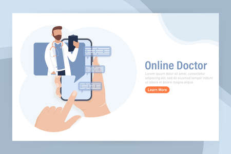 Flat illustration with online doctor. Doctor consultation. Vector illustration flat design. Video chat.のイラスト素材